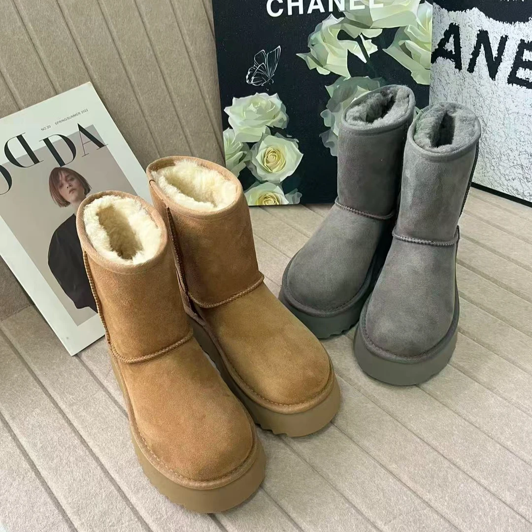 桑坡基础中筒皮毛一体缝制两穿时尚雪地靴保暖厚底冬季女短靴增高