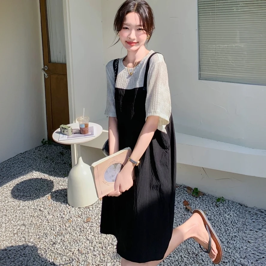 设计感拼色假两件背带连衣裙女夏季韩版宽松遮肉显瘦气质T恤裙子