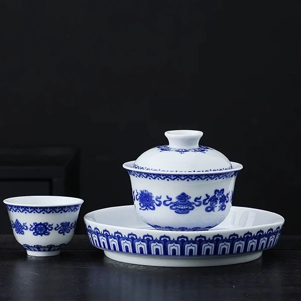 复古青花盖碗茶杯陶瓷功夫单个大号三才茶盏播5657号(送1杯)