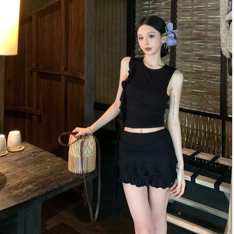 设计感时尚复古气质辣妹背心半身裤裙套装#A745