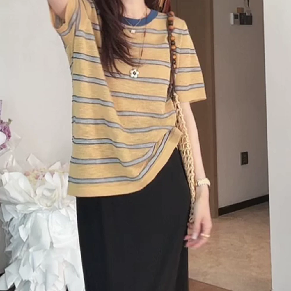 2025新款撞色条纹短袖新款时尚宽松显瘦圆领针织T恤休闲百搭韩版