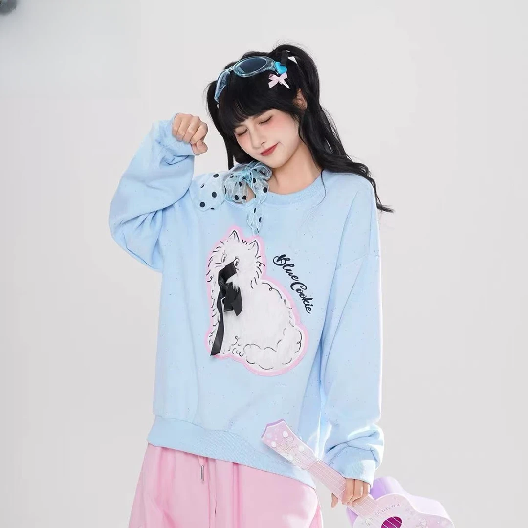 大码卫衣｜甜美风可爱毛绒猫咪露肩套头长袖女春秋新款宽松上衣潮t