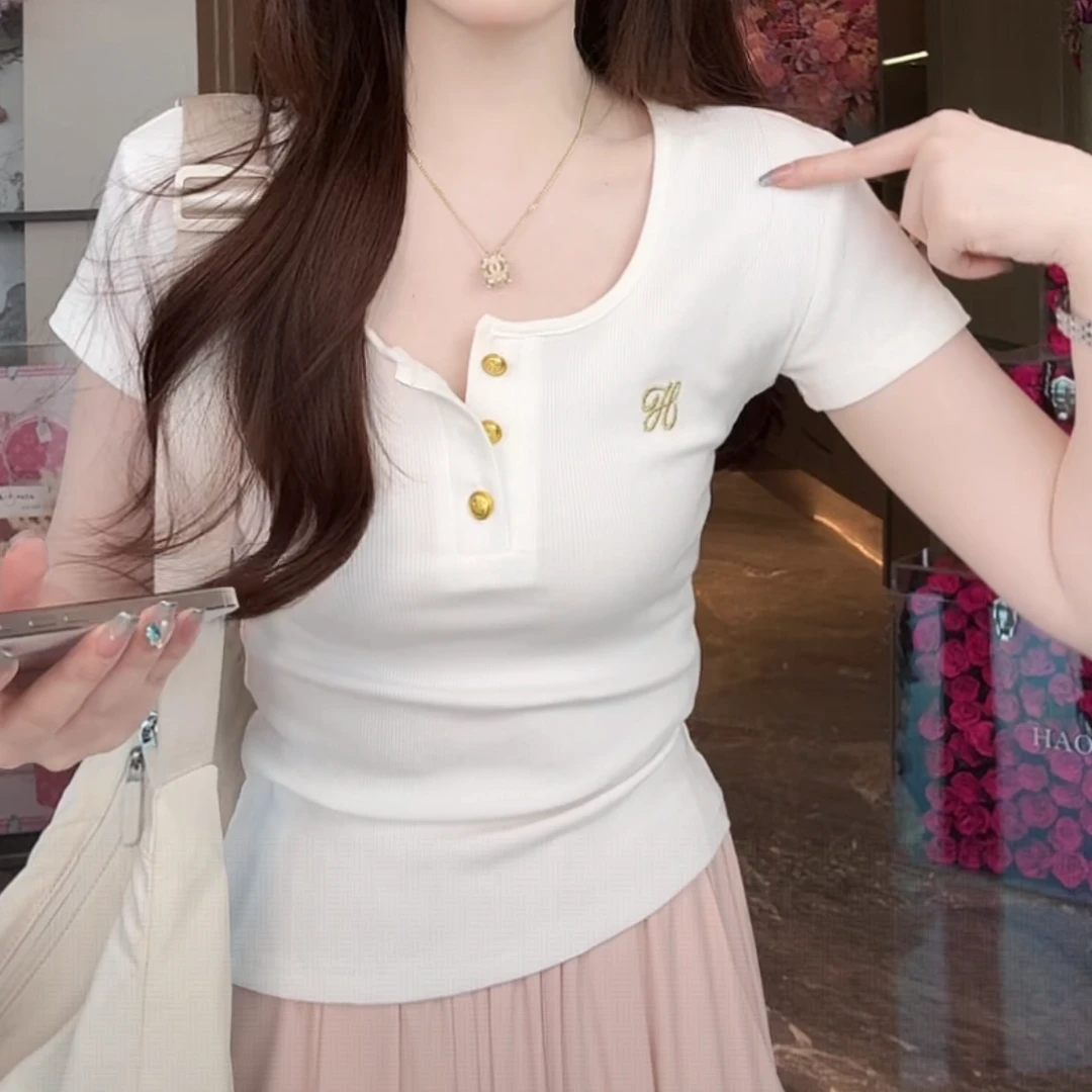 设计感纯色圆领显瘦短袖T恤女2025夏季新款设计感宽松通勤上衣