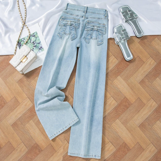 春季新款辣妹蝴蝶结九分小个子直筒牛仔裤女宽松百搭时尚烟管裤女