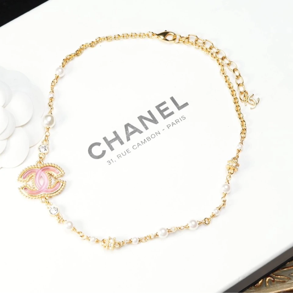 95新 Chanel/香奈儿 中古柚礼/香奈儿粉色双C珍珠短项链lz509425