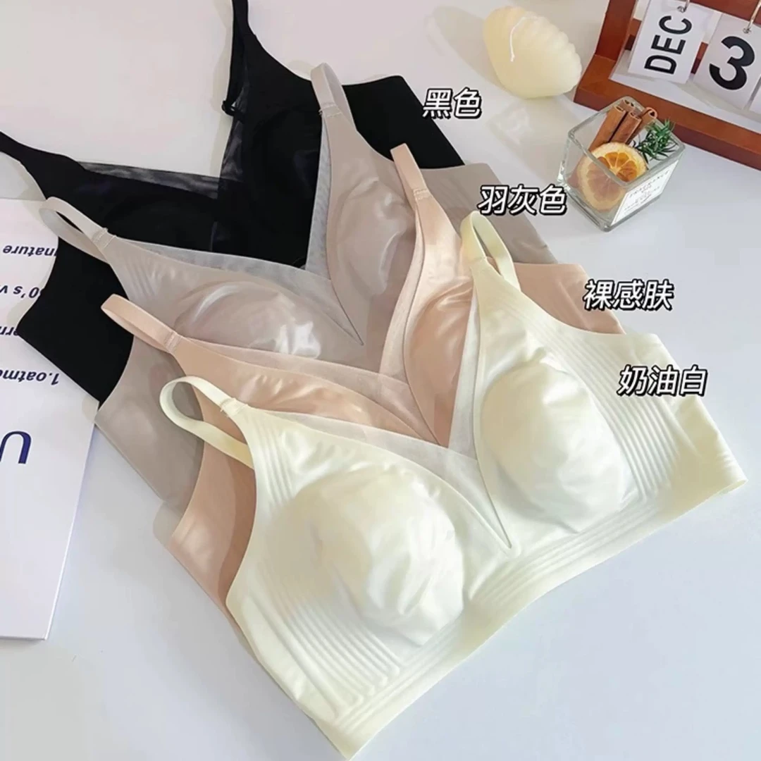 3517#薄珠光缎面深V网纱兔耳朵内衣女大胸显小无痕文胸