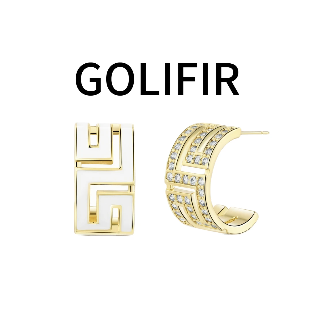 合金合成锆石耳饰 【GOLIFIR】金棱钻影镶钻回纹造型金质耳扣R160