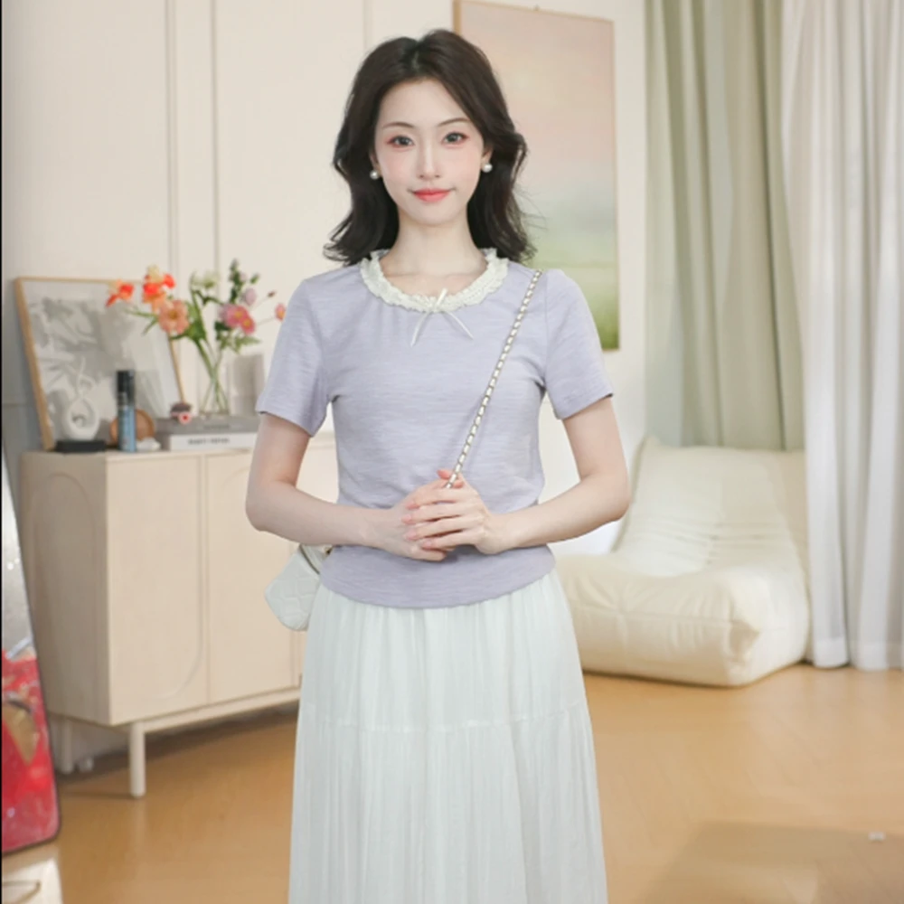 【双11提前购】茵曼夏季法式荷叶领系带T恤时尚百搭圆领短袖上衣