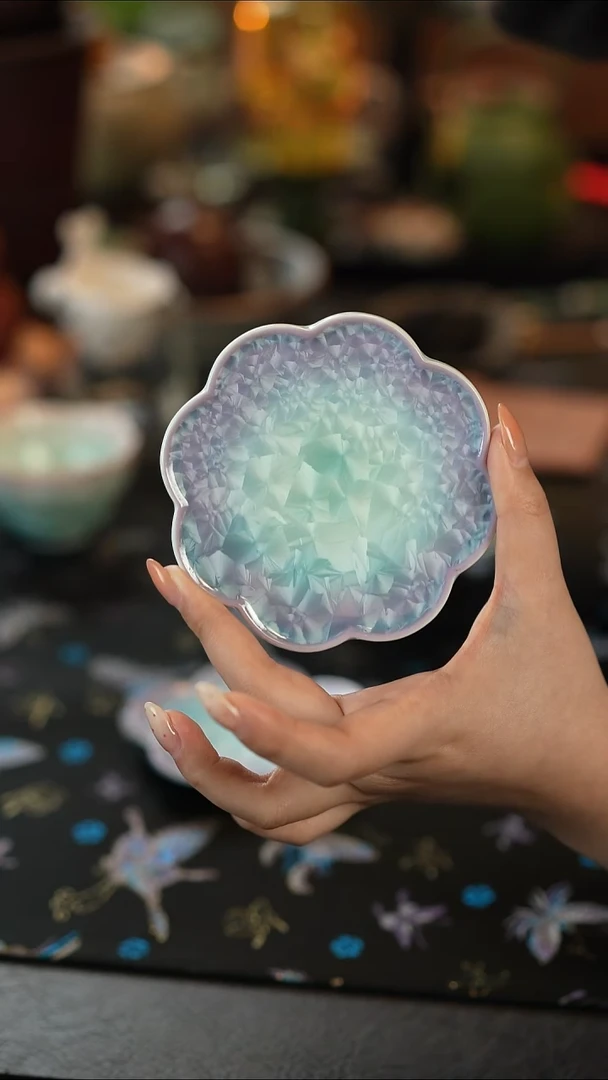 摆件陶窑变结晶釉渐变紫青-瓣沿杯垫