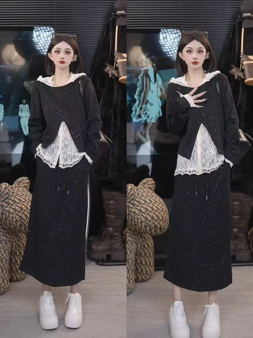 秋季爆款新款春季慵懒穿搭套装女连帽蕾丝套装三件套