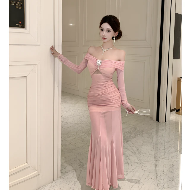 法式复古秋季小众高级感网纱连衣裙纯欲性感一字肩小众长袖鱼尾裙