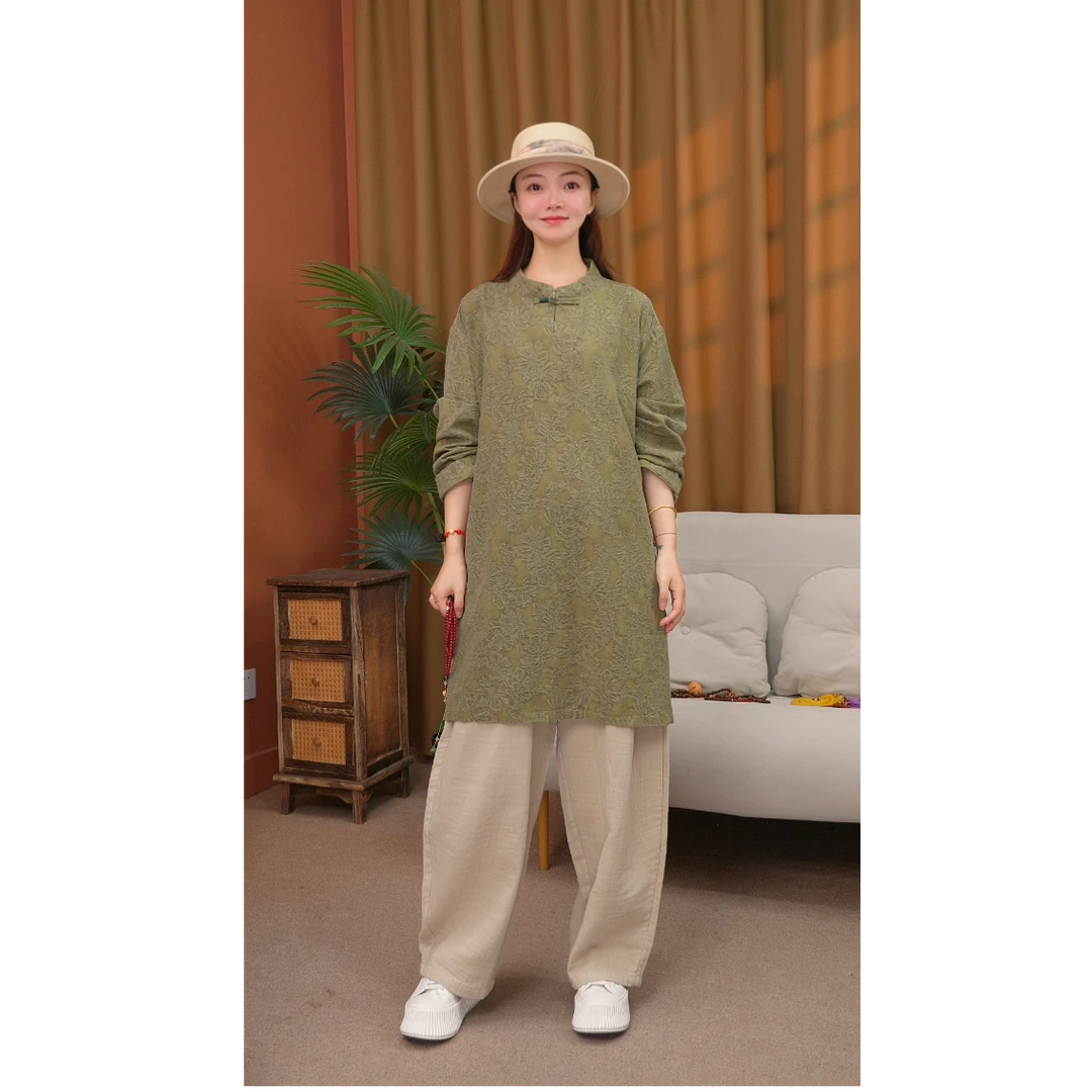 【江月白】汉麻长款外套袍子女士秋季新款中国风新中式长袖中长裙子