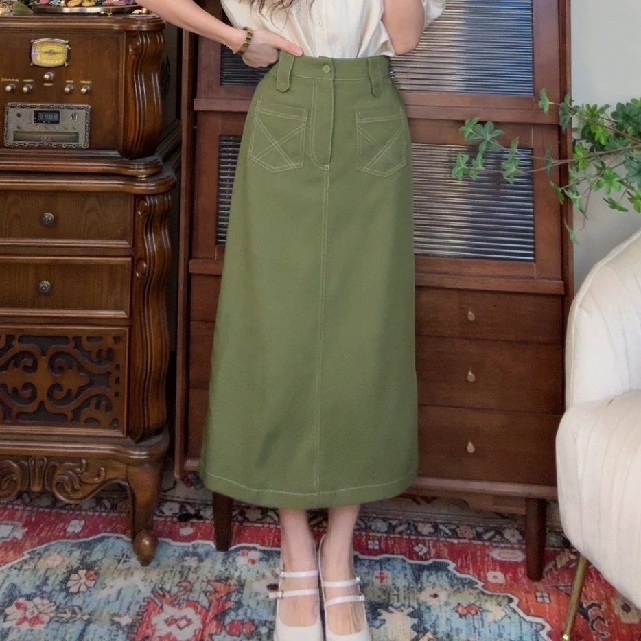 清【一生罗曼】 复古通勤气质半身裙女夏季百搭显瘦后松紧裙子B577