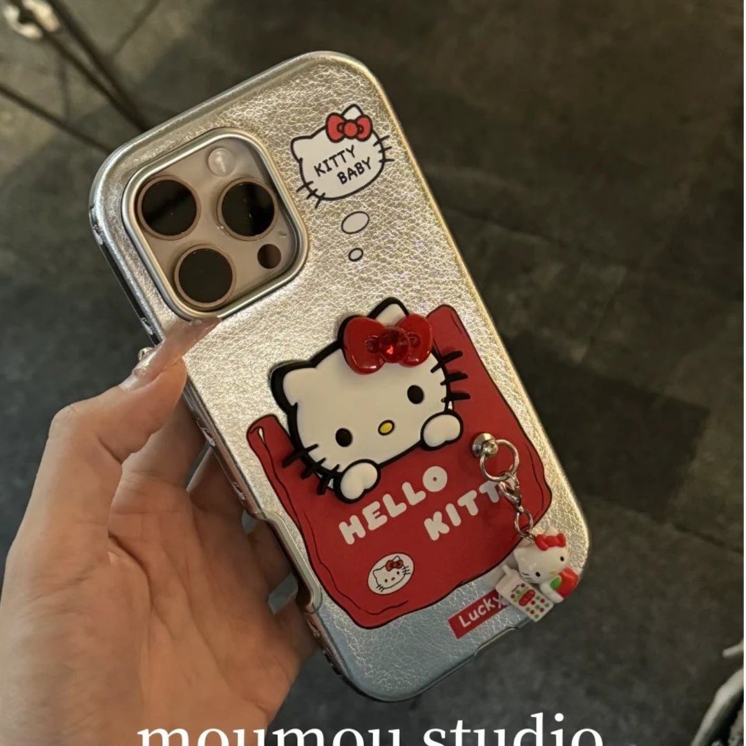 银皮纹红袋子kt猫咪适用iPhone16Promax手机壳苹果15pro/14pro13