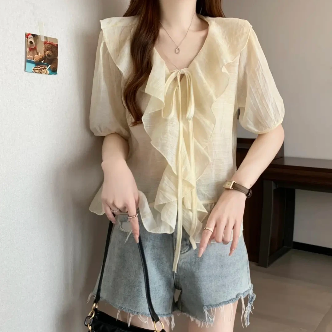6122【衣长50】法式高级感荷叶边短袖衬衫女夏季甜美系带小衫上衣
