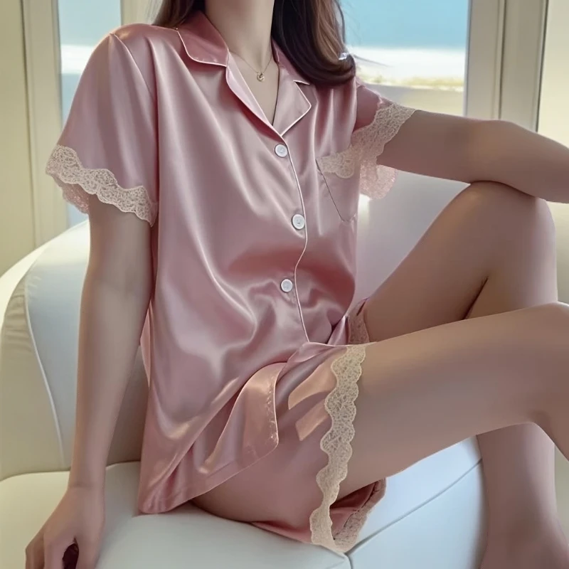 短袖冰丝睡衣套装薄款夏季开衫蕾丝花边纯色仿真丝女士睡衣短袖
