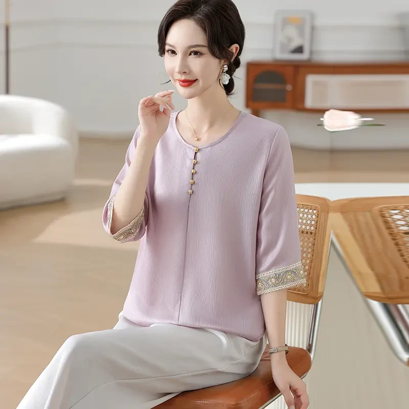 时尚妈妈夏装套装新款中老年女透气上衣宽松中年人休闲两件套