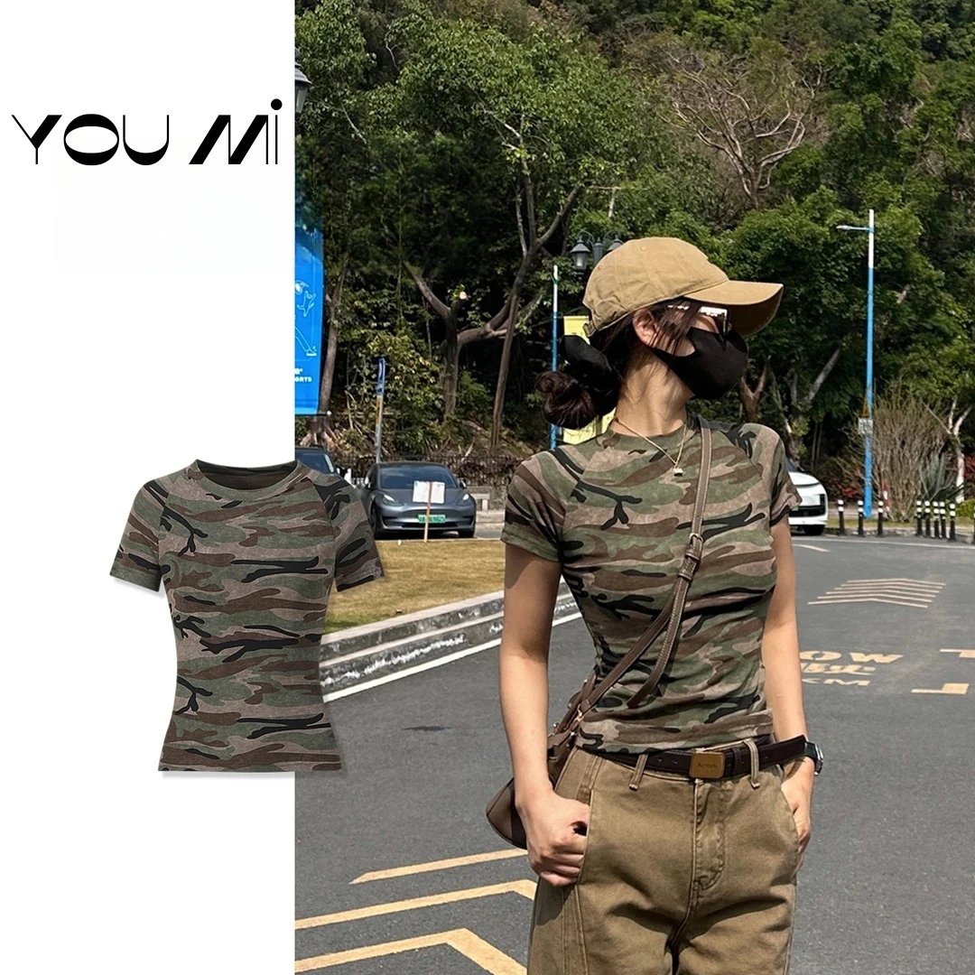 春夏新款超酷圆领迷彩插肩袖户外运动短袖T恤女装上衣8863