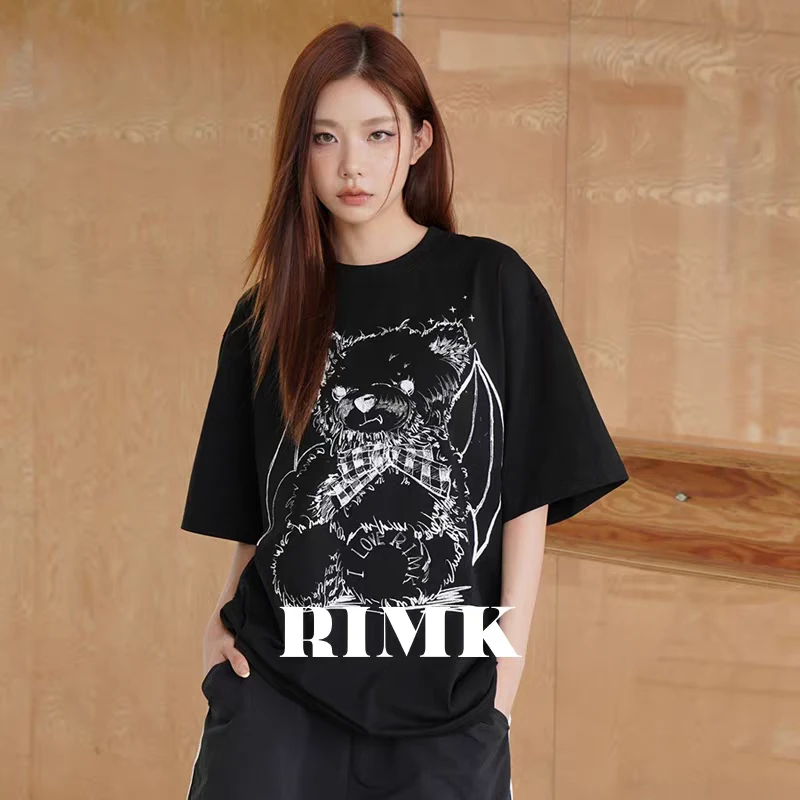 RIMK屁酒花同款美式复古恶魔小熊印花T恤短袖宽松圆领上衣