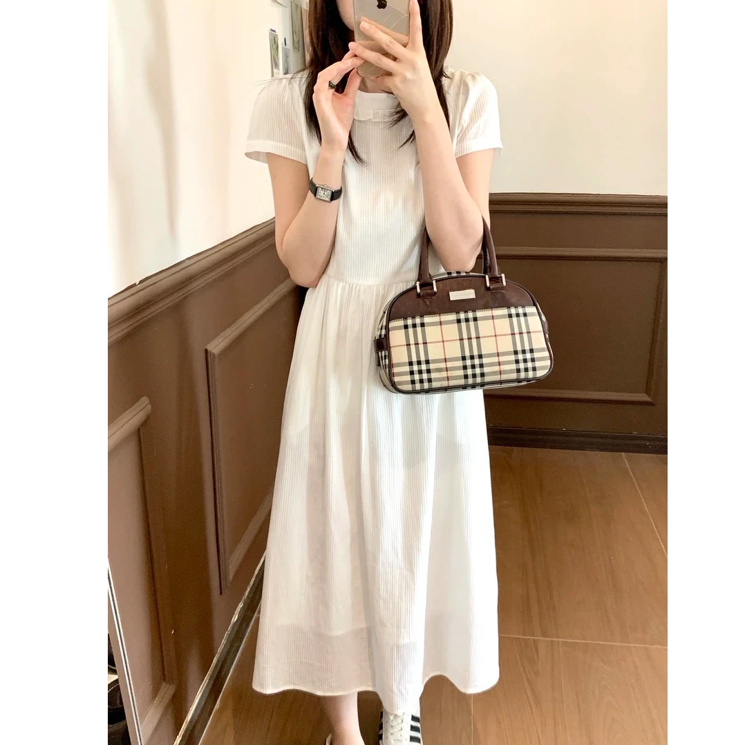 2025夏季新款高级a字小白裙极简风气质纯欲慵懒风圆领连衣裙女装