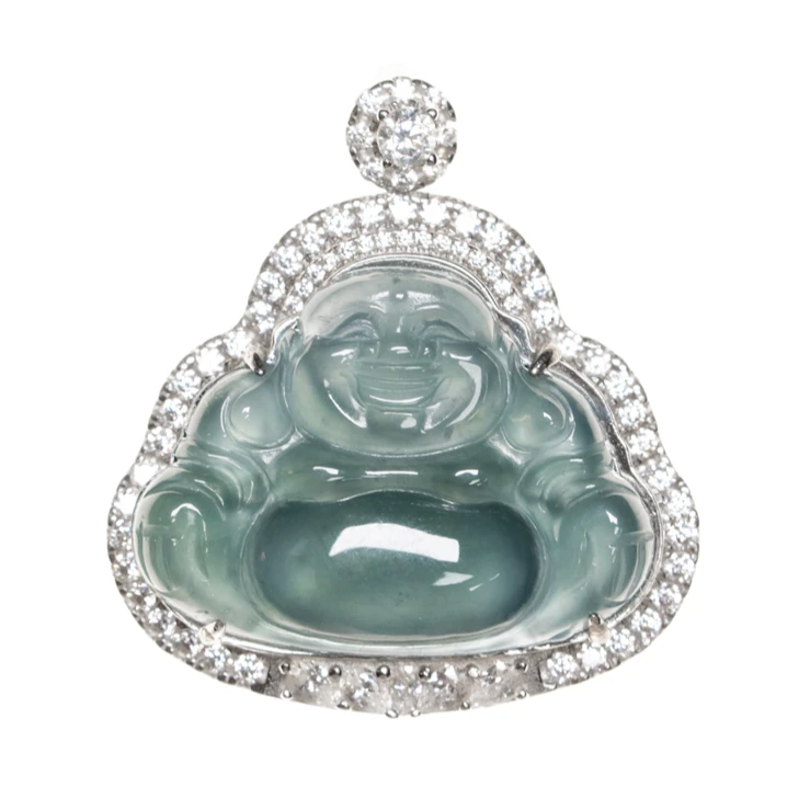 S925银镶嵌颈饰天然A货翡翠高冰种蓝水佛公吊坠