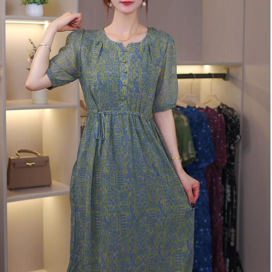 【禧】夏季百搭时尚简约休闲显瘦遮肉减龄连衣裙#012