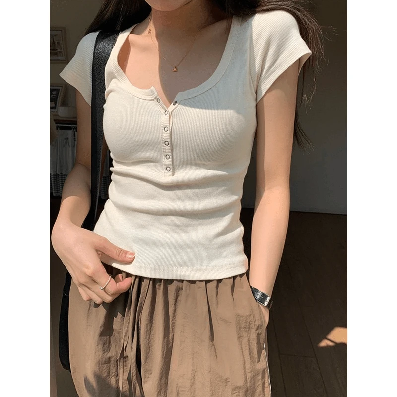 紧身短款螺纹温柔风正肩U领短袖t恤女2024夏季小个子显瘦上衣W822