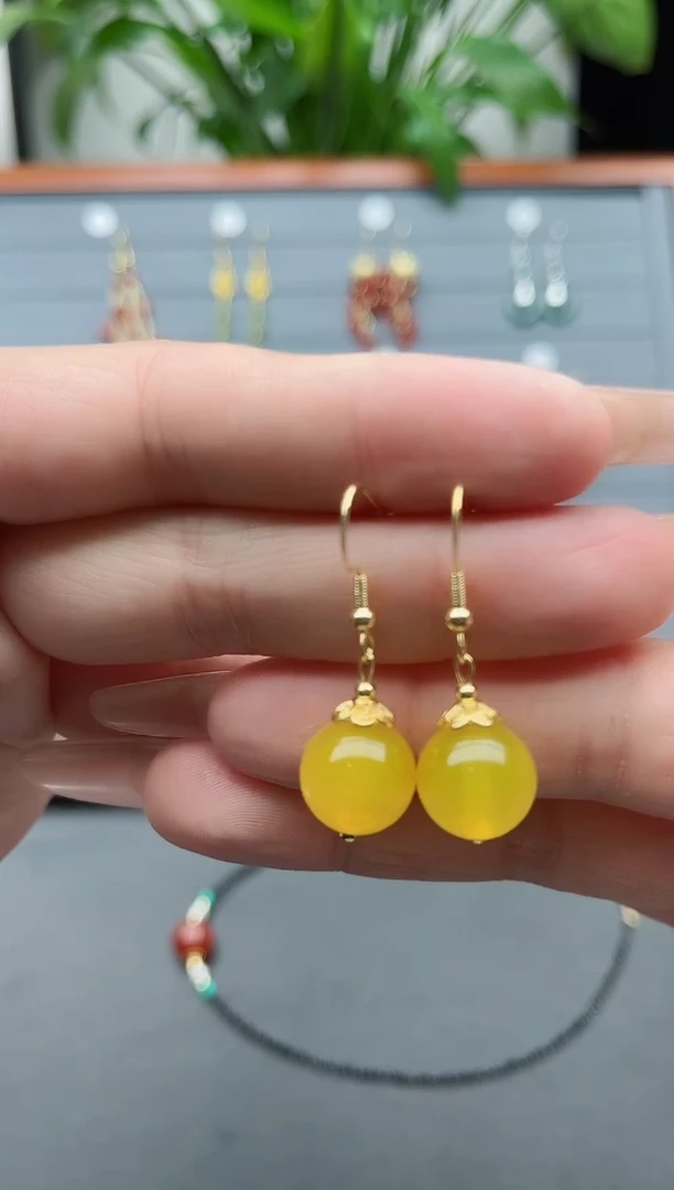 【闪购商品】玛瑙/玉髓耳饰银S925镀金镶嵌00黄色单珠