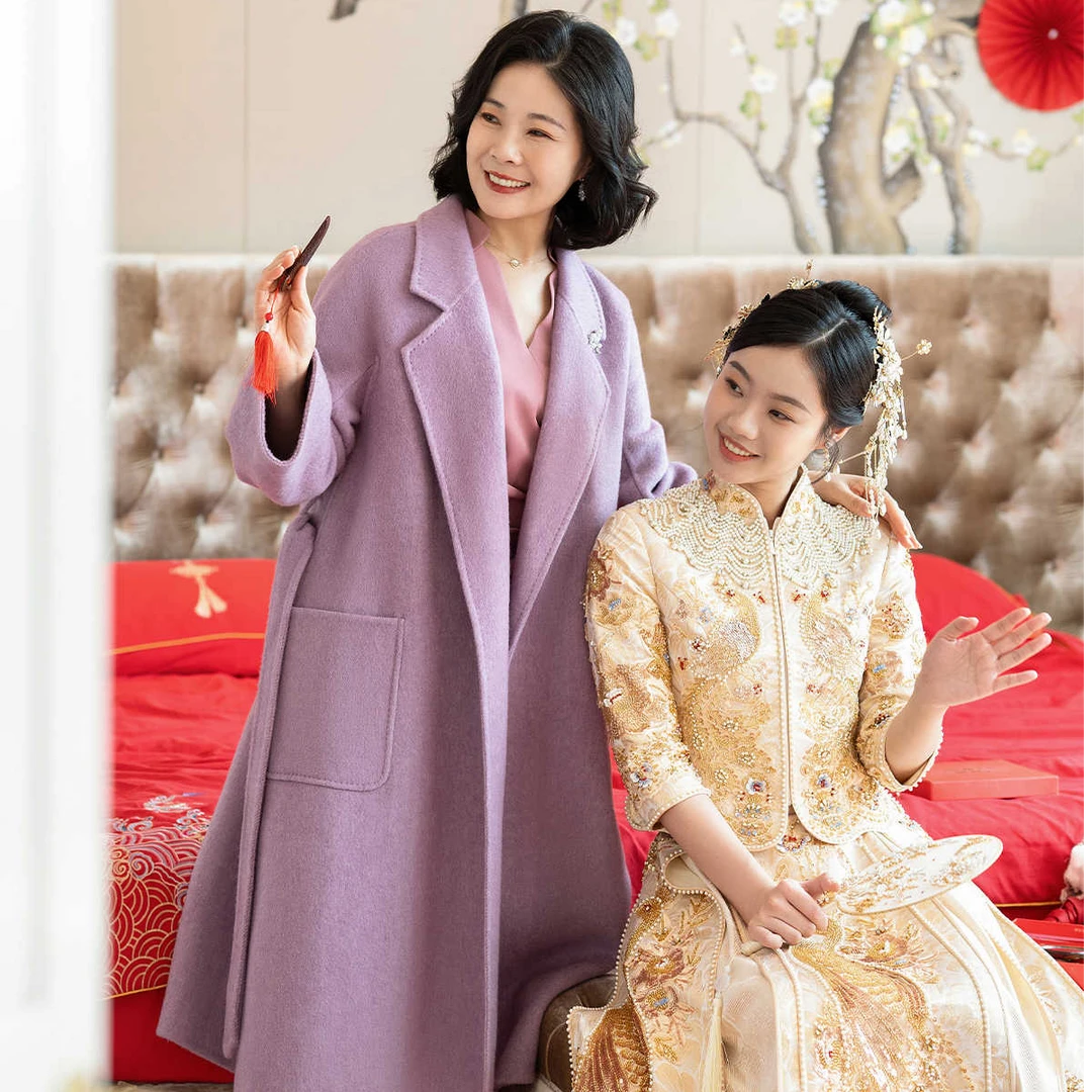 喜妈妈时尚气质婚宴礼服酒红羊毛呢大衣喜婆婆外套高级感秋冬新款