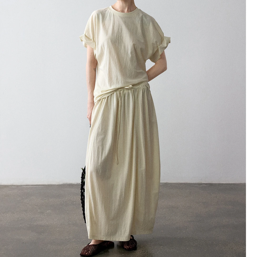 JODIE WANG 松紧腰麻感前后分割天丝亚麻廓型半裙女C5161