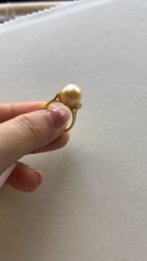银S925镶嵌戒指海水珍珠11.1mm正圆金珠睫毛款戒指