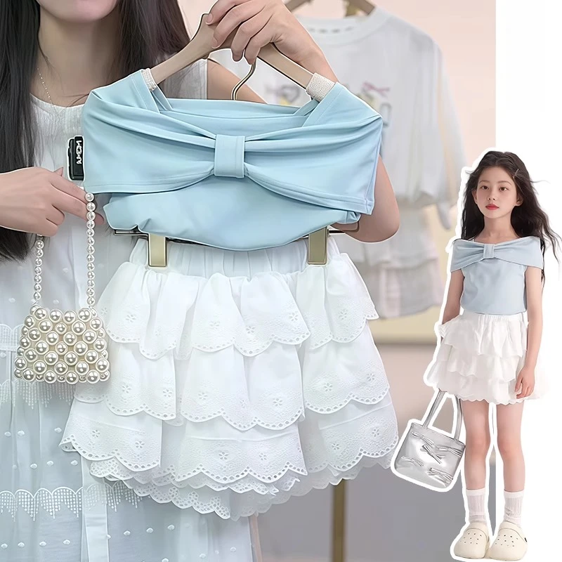女童蝴蝶结短袖蛋糕裙套装2025夏季女孩甜美风T恤蕾丝花边半身裙9