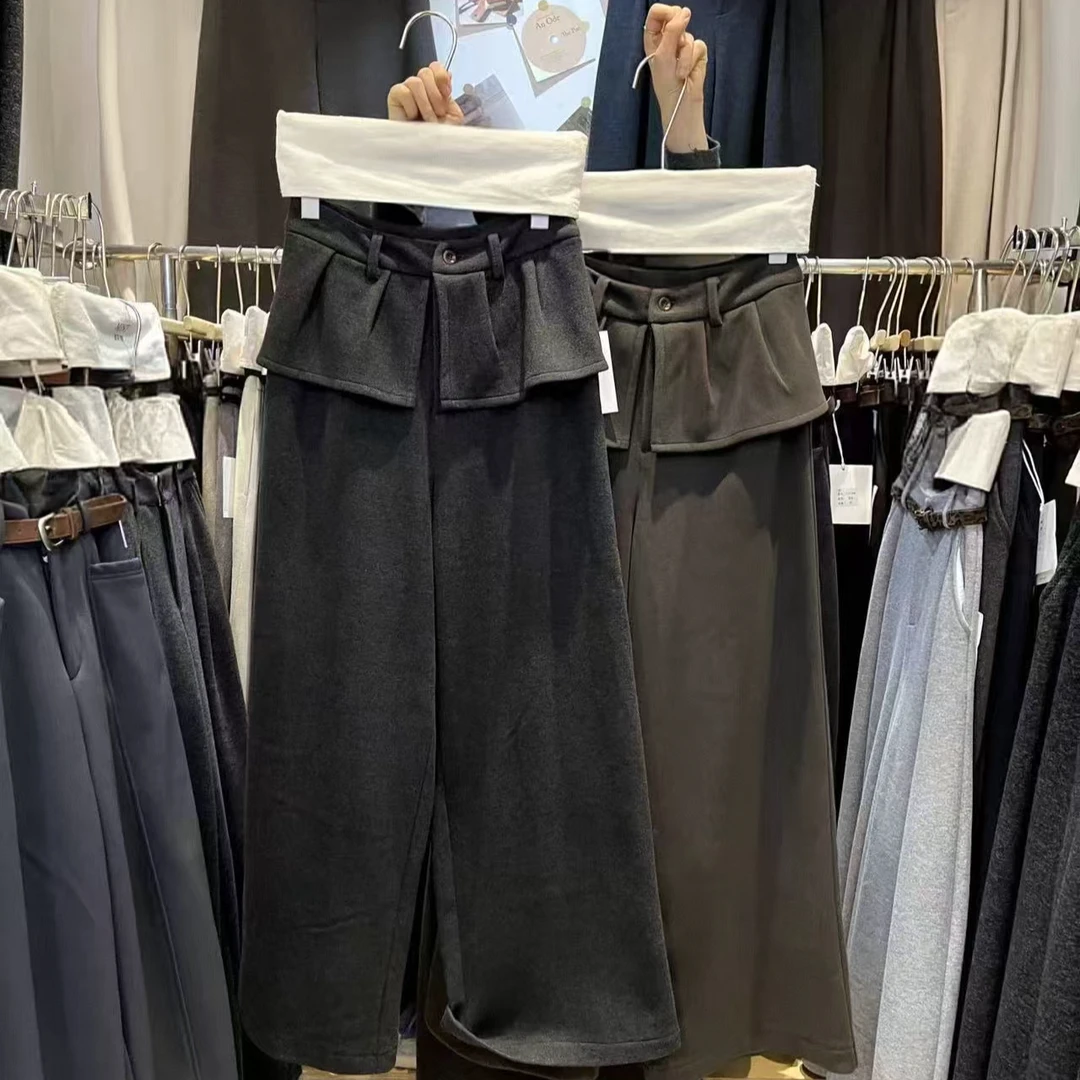 Datou·爆款！ 1628新款屁帘拼接假两件阔腿长裤女高腰加绒休闲裤