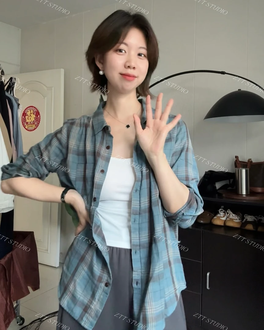 【ZTT】格子衬衫女长袖休闲百搭复古港味上衣时尚韩版格纹衬衣1
