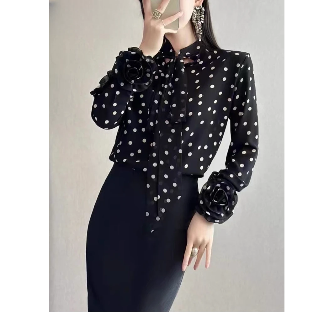 755春季新款时尚波点长袖飘带领气质洋气设计感衬衣