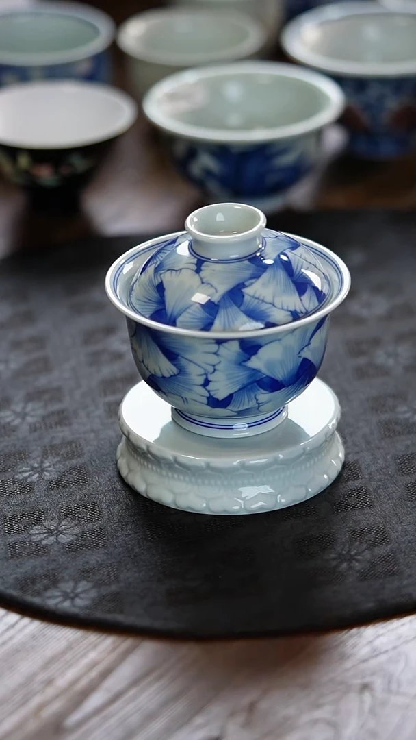 瓷景德镇纯手工纯手绘银杏叶盖碗