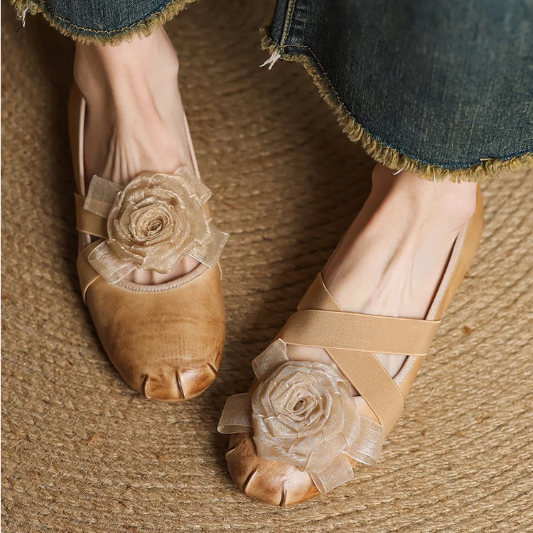 【JESSE】春季新款头层牛皮山茶花交叉擦色减龄法式手工女鞋舒适