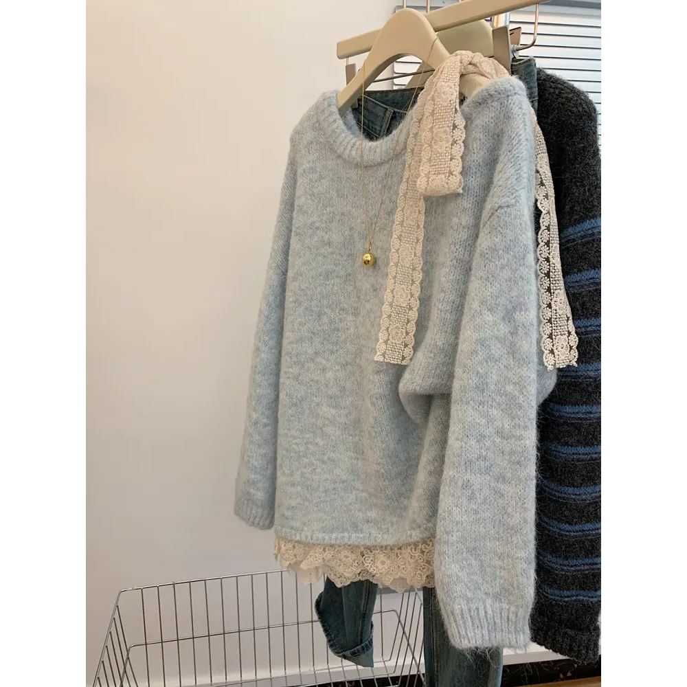 4117假两件蕾丝蝴蝶结奶呼呼软糯中长款毛衣女遮屁股慵懒风高级感