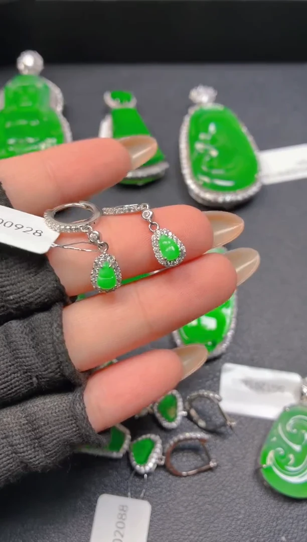 银S925镶嵌翡翠耳饰皮*001