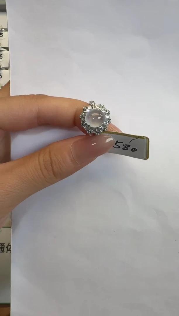 银S925镶嵌戒指翡翠通体925银镶缅甸A货翡翠戒指007