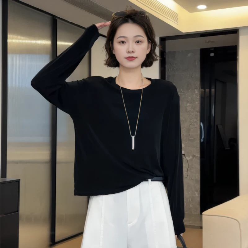 时尚简百搭约圆领长袖T恤女2025秋季大码胖MM宽松显瘦打底衫上衣