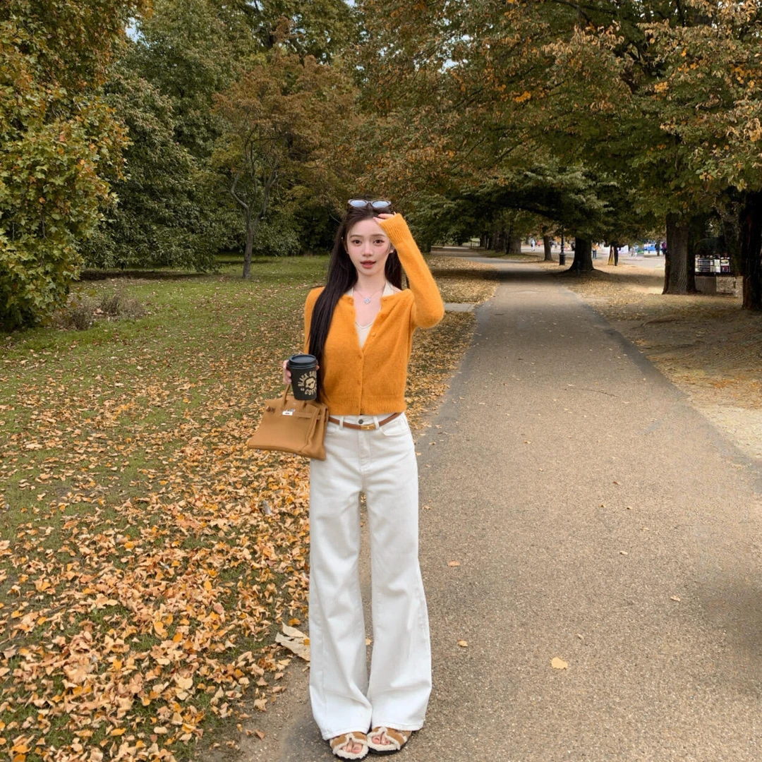 秋季新款韩系撞色圆领针织开衫+挂脖背心吊带两件套高腰休闲裤子