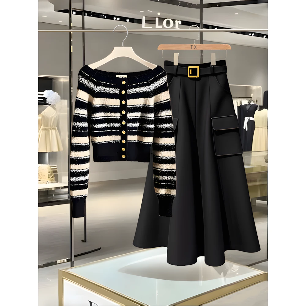 秋冬季超好看高级感气质条纹一字肩上衣梨型身材显瘦半身裙套装女