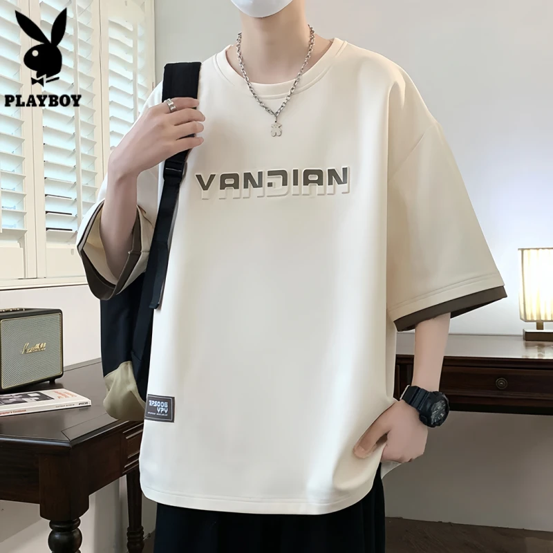 花花公子短袖t恤男生夏季薄款重磅半袖宽松大码男装加大胖子