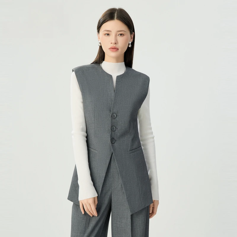 哥弟新款高级腔调通勤气质无袖单排扣西装马甲修身外套女1400758