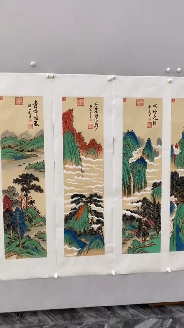 国画释天宇金碧仿古四条屏