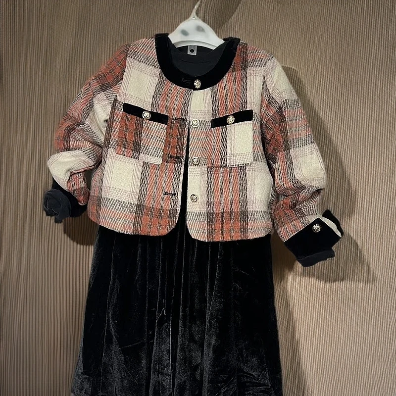 童装气质减龄高端毛呢格子外套2025新款女春季