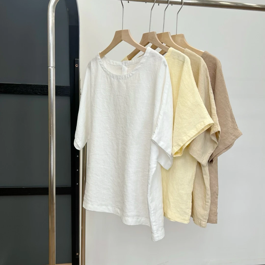 汉麻后捏折连肩短袖圆领上衣女夏百搭1541