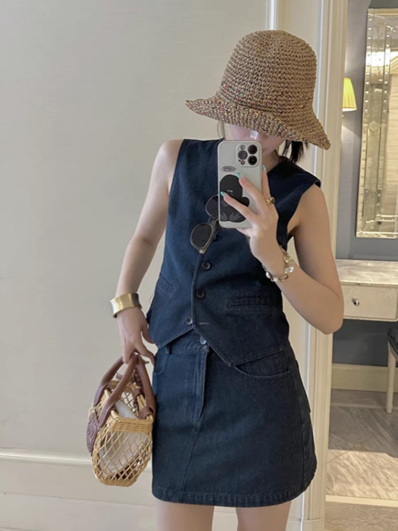 韩版复古气质休闲牛仔套装裙女夏季新款小个子修身显瘦短款两件套