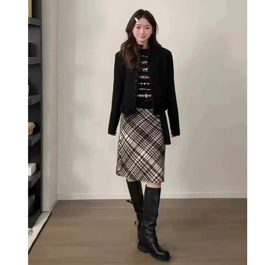 2026年冬季气质休闲轻职风时尚套装韩系外套针织毛衣高腰半身裙潮